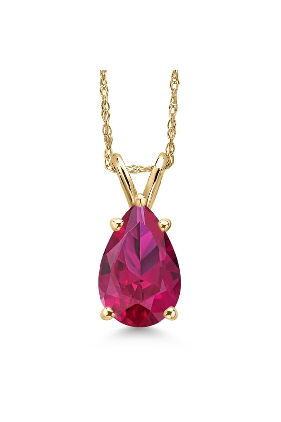 14K Yellow Gold Red Created Ruby Pendant Necklace for Women | 2.21 Cttw | Gemstone July Birthstone | Pear Shape 10X7MM | With 18 inch Chain