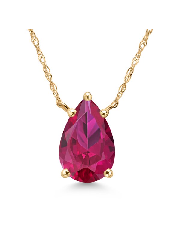 14K Yellow Gold Red Created Ruby Pendant Necklace for Women | 2.21 Cttw | Gemstone July Birthstone | Pear Shape 10X7MM | With 18 inch Chain