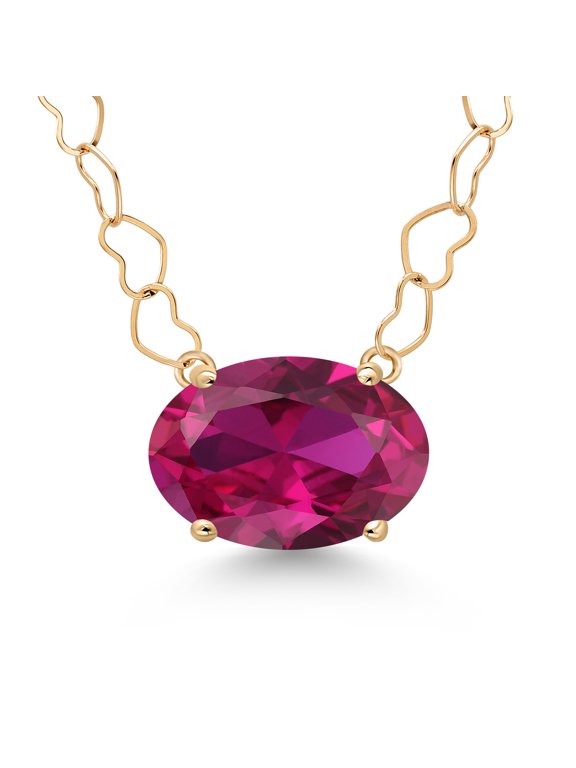 14K Yellow Gold Red Created Ruby Pendant Necklace for Women | 4.00 Cttw | Gemstone July Birthstone | Oval 11X9MM | With 18 inch 14K Gold Heart Chain