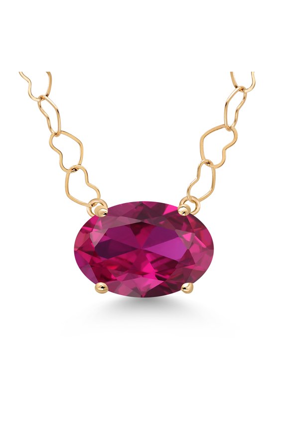14K Yellow Gold Red Created Ruby Pendant Necklace for Women | 4.00 Cttw | Gemstone July Birthstone | Oval 11X9MM | With 18 inch 14K Gold Heart Chain