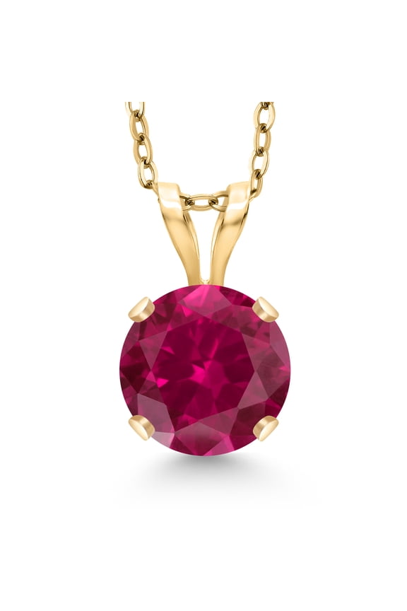 14K Yellow Gold Red Created Ruby Pendant Necklace for Women | 1.00 Cttw | Gemstone July Birthstone | Round 6MM | With 18 inch Silver Chain