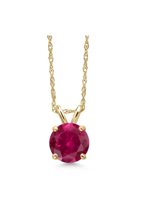 14K Yellow Gold Red Created Ruby Pendant Necklace for Women | 1.00 Cttw | Gemstone July Birthstone | Round 6MM | With 18 inch Chain