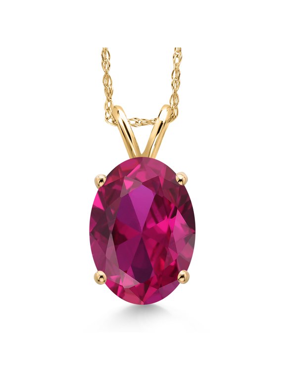 14K Yellow Gold Red Created Ruby Pendant Necklace for Women | 3.00 Cttw | Gemstone July Birthstone | Oval 10X8MM | With 18 inch Chain