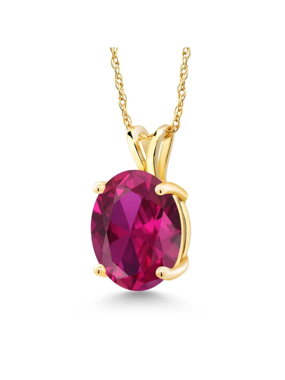 14K Yellow Gold Red Created Ruby Pendant Necklace for Women (4.00 Cttw, Gemstone July Birthstone, Oval 11X9MM, With 18 inch Chain)