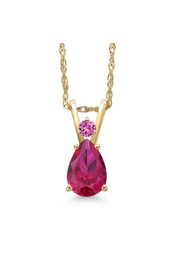 14K Yellow Gold Red Created Ruby and Pink Created Sapphire Pendant Necklace for Women | 1.02 Cttw | Gemstone July Birthstone | Pear Shape 7X5MM | With 18 inch Chain