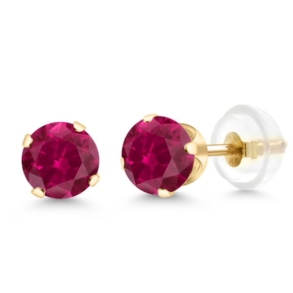 Gem Stone King 14K Yellow Gold Red Created Ruby Stud Earrings for Women Men (1.20 Cttw Round 5MM)