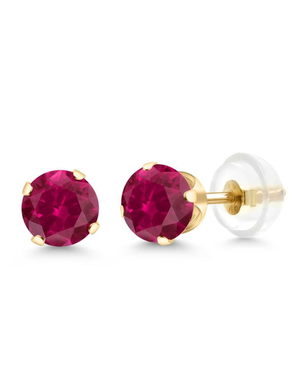 14K Yellow Gold Red Created Ruby Stud Earrings for Women Men (1.20 Cttw Round 5MM)