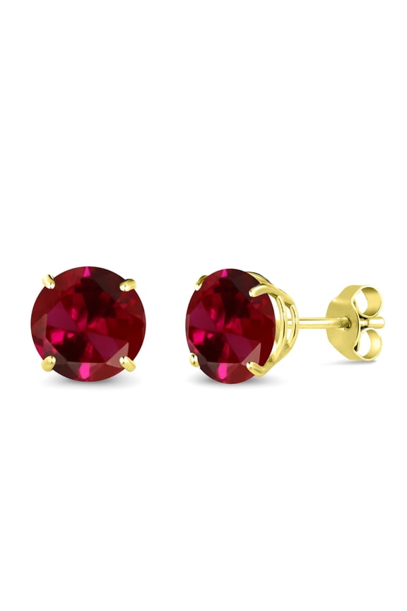 14K Yellow Gold Red Created Ruby Stud Earrings for Women Men (3.10 Cttw, Gemstone July Birthstone, Round 7MM)