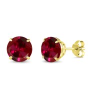 Gem Stone King 14K Yellow Gold Red Created Ruby Stud Earrings for Women Men 3.10 Cttw, Gemstone July Birthstone, Round 7MM