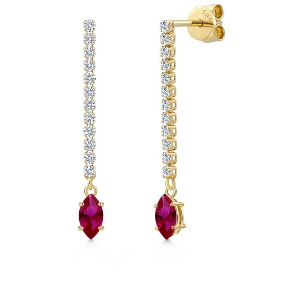 Gem Stone King 14K Yellow Gold Red Created Ruby and White Lab Grown Diamond Dangle Earrings for Women | 0.96 Cttw | Gemstone July Birthstone | Marquise 6X3MM
