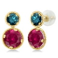 thumbnail image 1 of Gem Stone King 14K Yellow Gold Red Created Ruby and Blue Diamond Earrings for Women (2.54 Cttw, Gemstone July Birthstone, Round Cut 6MM and 4MM), 1 of 3