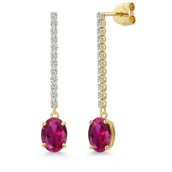 Gem Stone King 14K Yellow Gold Red Created Ruby and Lab Grown Diamond Dangle Earrings for Women | 3.06 Cttw | Gemstone July Birthstone | Oval 8X6MM