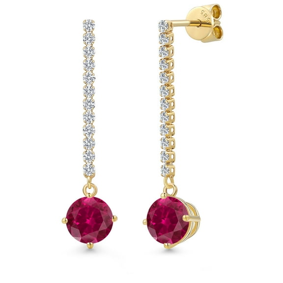 Gem Stone King 14K Yellow Gold Red Created Ruby and Lab Grown Diamond Dangle Earrings for Women | 3.46 Cttw | Gemstone July Birthstone | Round 7MM
