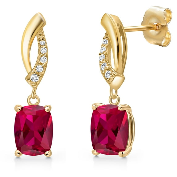 Gem Stone King 14K Yellow Gold Red Created Ruby and Lab Grown Diamond Earrings for Women | 2.05 Cttw | Gemstone July Birthstone | Cushion 7X5MM