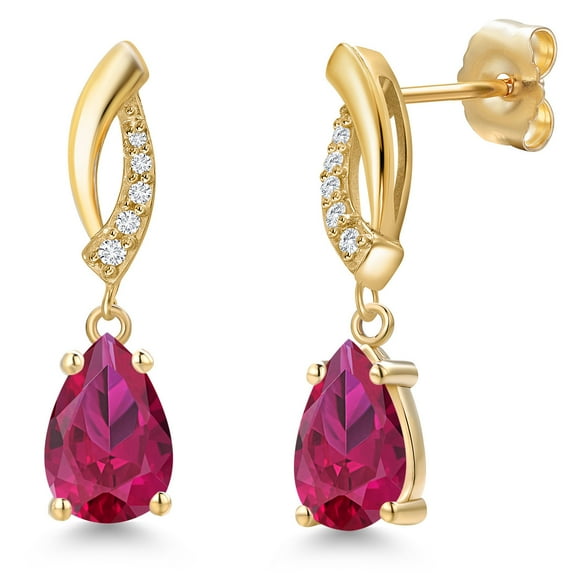 Gem Stone King 14K Yellow Gold Red Created Ruby and Lab Grown Diamond Earrings for Women | 2.15 Cttw | Gemstone July Birthstone | Pear Shape 8X5MM