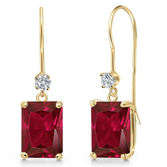 Gem Stone King 14K Yellow Gold Red Created Ruby and Lab Grown Diamond Earrings for Women | 5.73 Cttw | Gemstone July Birthstone | Emerald Cut 9X7MM