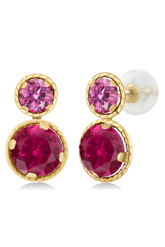 14K Yellow Gold Red Created Ruby and Pink Moissanite Earrings for Women (2.46 Cttw, Gemstone July Birthstone, Round Cut 6MM and 4MM)