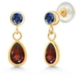 thumbnail image 1 of Gem Stone King 14K Yellow Gold Red Garnet and Blue Created Sapphire Dangle Earrings for Women (1.26 Cttw, Gemstone January Birthstone, Pear Shape 6X4MM, Round 3MM), 1 of 4