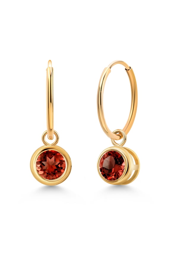 14K Yellow Gold Red Garnet Dangle Earrings for Women (1.10 Cttw, Gemstone January Birthstone, Round 5MM, Bezel Setting)