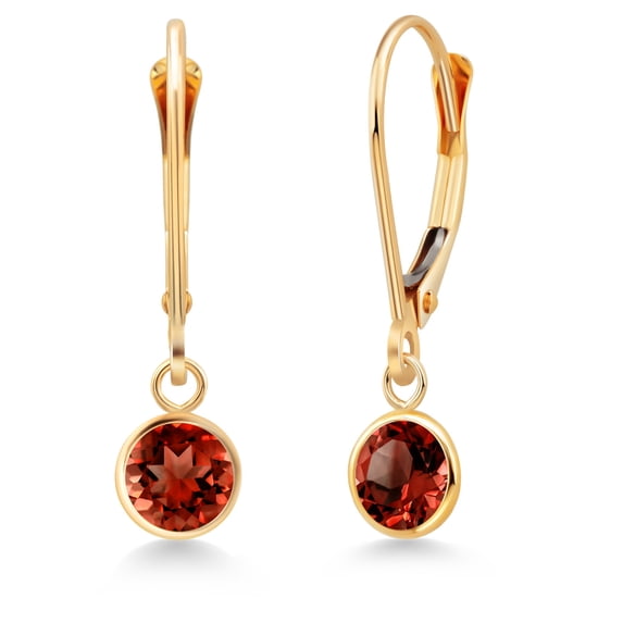 Gem Stone King 14K Yellow Gold Red Garnet Drop Dangle Earring for Women with Leverback (2.00 Cttw, Gemstone Birthstone, Round 5MM)