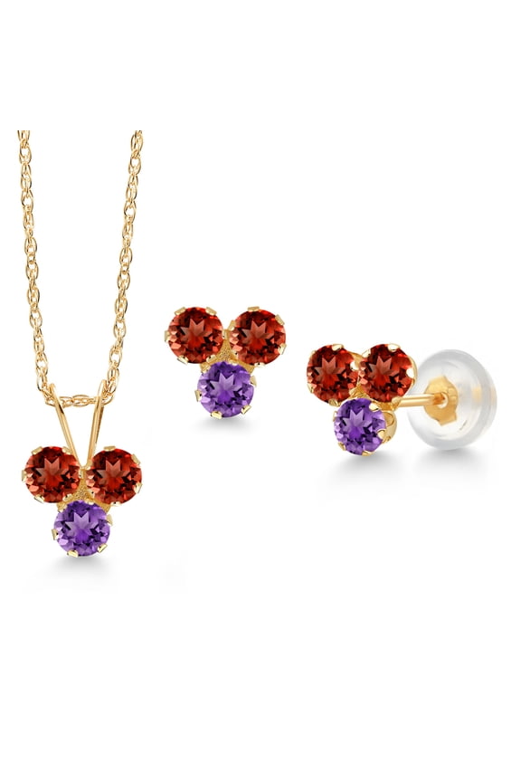 14K Yellow Gold Red Garnet and Purple Amethyst 3 Stone Pendant and Earrings Jewelry Set for Women (1.20 Cttw, Round 3MM, with 18 inch Chain)