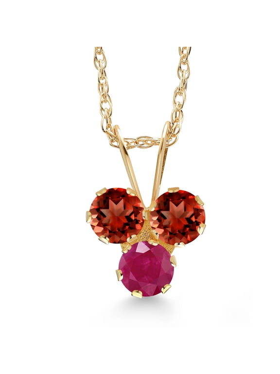 14K Yellow Gold Red Garnet and Red Ruby 3-Stone Pendant Necklace for Women (0.46 Cttw, Gemstone January Birthstone, Round 3MM, 18 inch Chain)