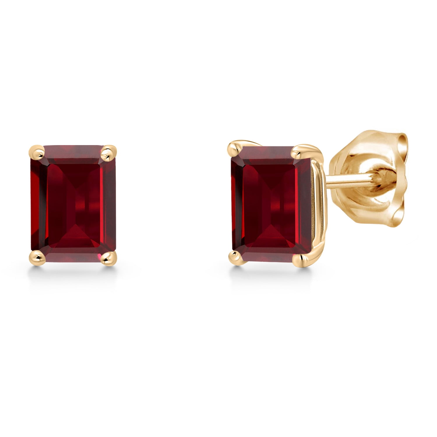 Gem Stone King 14K Yellow Gold Red Garnet Stud Basket Setting Earrings for Women Men | 1.60 Cttw | Gemstone January Birthstone | Emerald Cut 6X4MM | Double Notch | Gold Earrings for Women Men