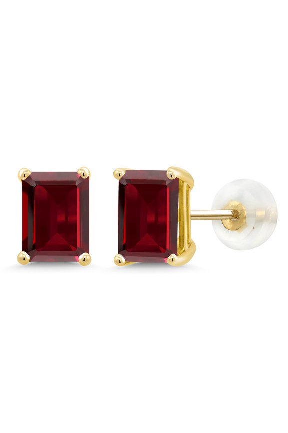 14K Yellow Gold Red Garnet Stud Earrings for Women Men (3.60 Cttw, Gemstone January Birthstone, Emerald Cut 7X5MM)