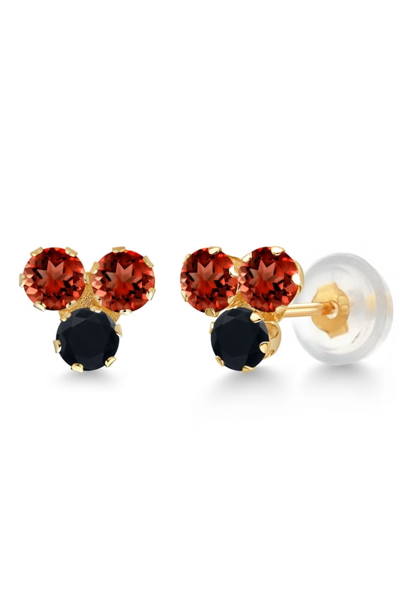 14K Yellow Gold Red Garnet and Black Onyx Three Stone Stud Earrings for Women (0.80 Cttw, Gemstone January Birthstone, Round 3MM)