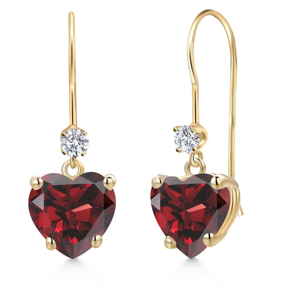 Gem Stone King 14K Yellow Gold Red Garnet and Lab Grown Diamond Dangle Earrings for Women | 4.13 Cttw | Gemstone January Birthstone | Heart Shape 8MM