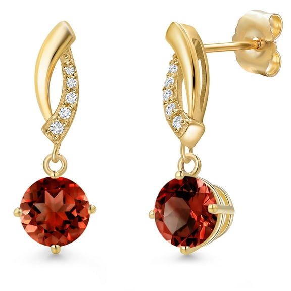 Gem Stone King 14K Yellow Gold Red Garnet and Lab Grown Diamond Earrings for Women | 2.45 Cttw | Gemstone January Birthstone | Round 6.5MM