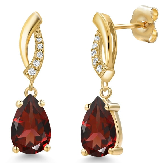 Gem Stone King 14K Yellow Gold Red Garnet and Lab Grown Diamond Earrings for Women | 2.89 Cttw | Gemstone January Birthstone | Pear Shape 9X6MM