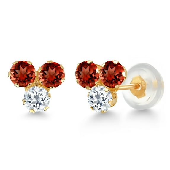 Gem Stone King 14K Yellow Gold Red Garnet and White Topaz Three Stone Stud Earrings for Women (0.88 Cttw, Gemstone January Birthstone, Round 3MM)