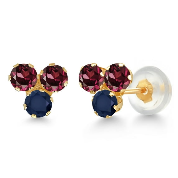 Gem Stone King 14K Yellow Gold Red Rhodolite Garnet and Blue Sapphire Three Stone Stud Earrings for Women (0.78 Cttw, Gemstone January Birthstone, Round 3MM)