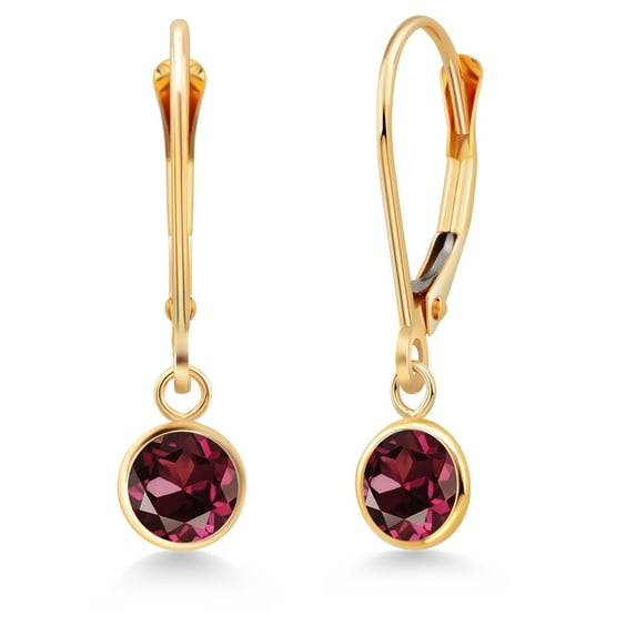 Gem Stone King 14K Yellow Gold Red Rhodolite Garnet Drop Dangle Earring for Women with Leverback (1.20 Cttw, Gemstone Birthstone, Round 5MM)