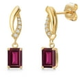thumbnail image 1 of Gem Stone King 14K Yellow Gold Red Rhodolite Garnet and Lab Grown Diamond Earrings for Women | 1.51 Cttw | Gemstone January Birthstone | Emerald Cut 6X4MM, 1 of 6