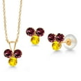 thumbnail image 1 of Gem Stone King 14K Yellow Gold Red Rhodolite Garnet and Yellow Sapphire 3 Stone Pendant and Earrings Jewelry Set for Women (1.12 Cttw, Round 3MM, with 18 inch Chain), 1 of 3