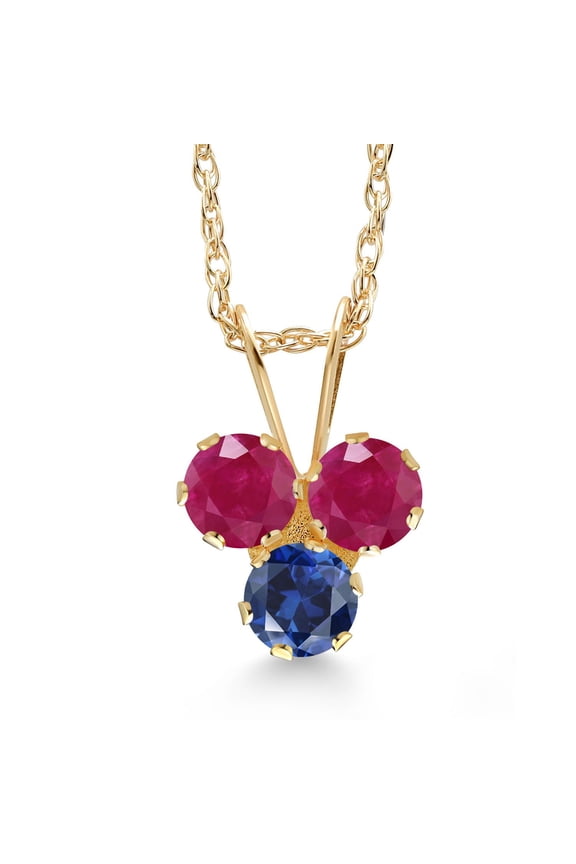 14K Yellow Gold Red Ruby and Blue Created Sapphire 3-Stone Pendant Necklace for Women (0.45 Cttw, Gemstone July Birthstone, Round 3MM, 18 inch Chain)