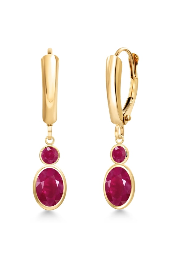 14K Yellow Gold Red Ruby Dangle Earrings for Women | 2.31 Cttw | Gemstone July Birthstone | Oval 7X5MM