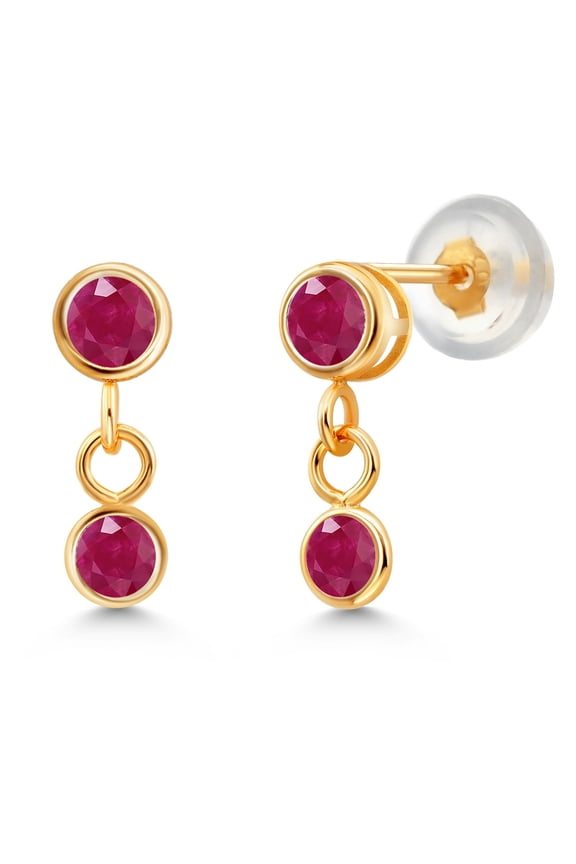 14K Yellow Gold Red Ruby Dangling Earrings for Women (0.62 Cttw, Gemstone July Birthstone, Round 3MM)