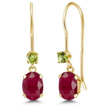 Gem Stone King 14K Yellow Gold Red Ruby and Green Peridot French Wire Dangle Earrings for Women (1.34 Cttw, Gemstone July Birthstone, Oval 6X4MM and Round 2.5MM)