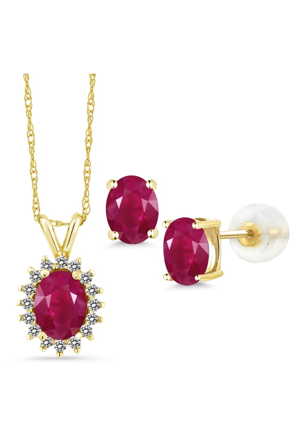 14K Yellow Gold Red Ruby Pendant Earrings Set for Women | 3.04 Cttw | Gemstone July Birthstone | Oval 8X6MM and 6X4MM | with 18 inch Chain