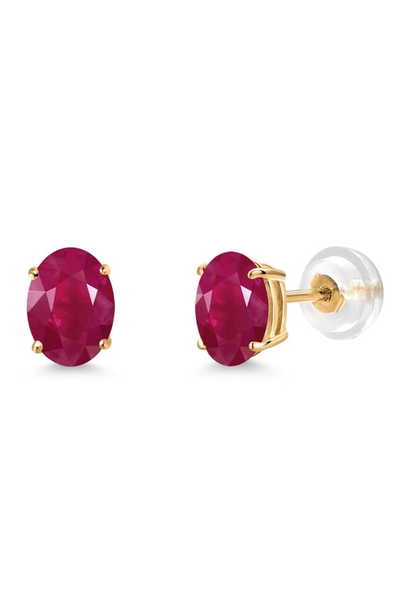 14K Yellow Gold Red Ruby Stud Basket Setting Earrings for Women Men (2.04 Cttw, Gemstone July Birthstone, Oval 7X5MM)