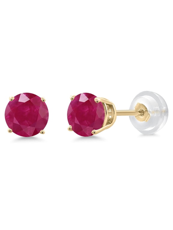 14K Yellow Gold Red Ruby Stud Earrings for Women Men (1.10 Cttw, Gemstone Birthstone, Round 5MM)