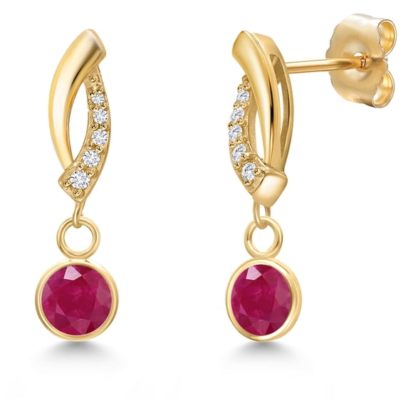 Gem Stone King 14K Yellow Gold Red Ruby and Lab Grown Diamond Earrings for Women | 1.15 Cttw | Gemstone July Birthstone | Round 5MM