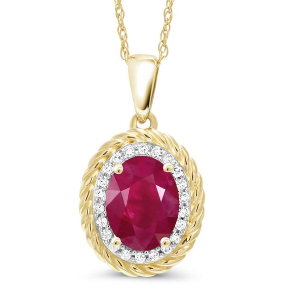 Gem Stone King 14K Yellow Gold Red Ruby and White Diamond Pendant Necklace for Women (1.75 Cttw, Oval 8X6MM, with 18 inch Chain)