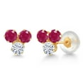 thumbnail image 1 of Gem Stone King 14K Yellow Gold Red Ruby and White Moissanite Three Stone Stud Earrings for Women (0.82 Cttw, Gemstone July Birthstone, Round 3MM), 1 of 4