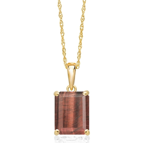 Gem Stone King 14K Yellow Gold Red Tiger Eye Pendant Necklace | 2.00 Cttw | Gemstone Birthstone | Emerald Cut 9X7MM | Gold Necklace for Women | With 18 inch Gold Chain