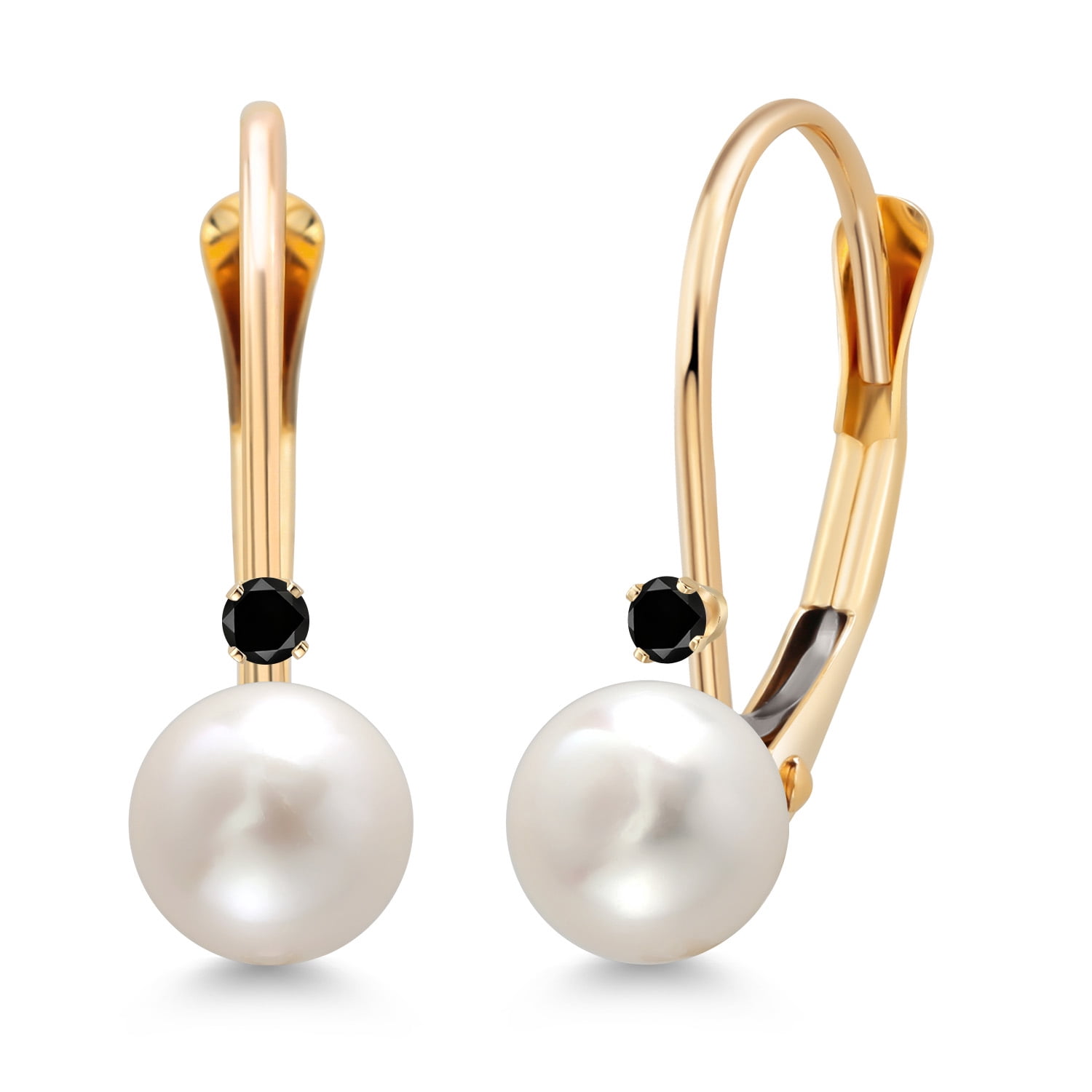 Gem Stone King 14K Yellow Gold Round White Cultured Freshwater Pearl and Round Black Diamond Leverback Drop Dangle Earrings for Women (Pearl: 5.5MM, Diamond: 1.5MM)