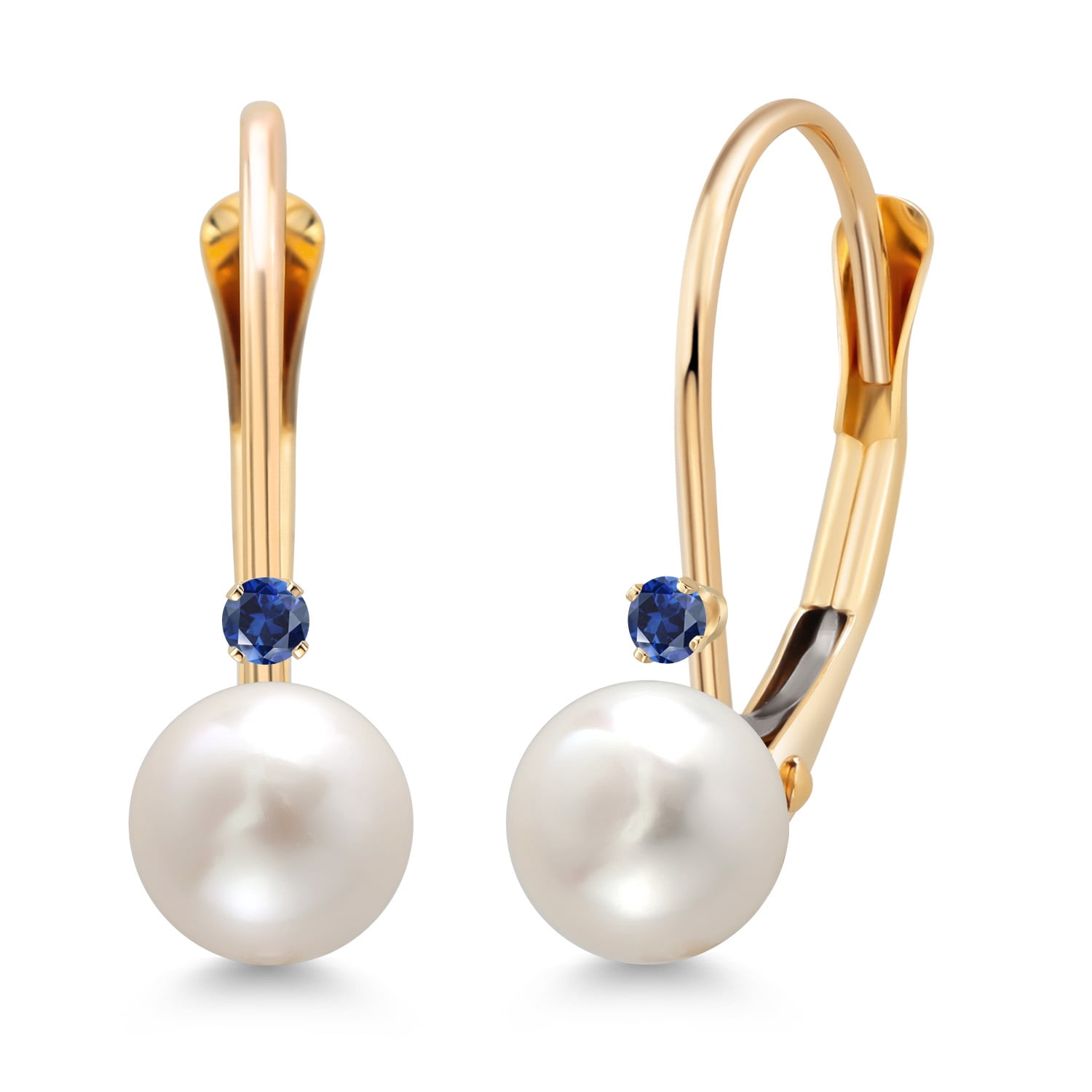 Gem Stone King 14K Yellow Gold Round White Cultured Freshwater Pearl and Round Blue Created Sapphire Leverback Drop Dangle Earrings for Women (Pearl: 5.5MM, Sapphire: 1.5MM)